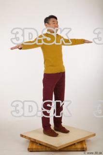 Whole body yellow sweater red trousers brown shoes modeling t…